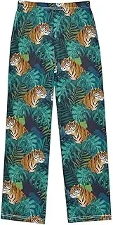[ZZXXB] Tropical Tiger Palm Leaf Boys Long Pants Soft Trousers Elastic Waist Kids Lounge Bottoms with Pockets S-XL