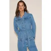 Light Blue Cinched Waist Belted Denim Jacket, Light Blue