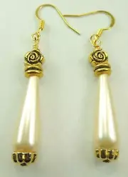 Briolette Acrylic Earrings with Gold Color Flower Handmade Chic Jewelry