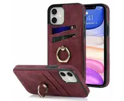 Full Protection Cover for iPhone 11, 2 Cards PU Leather Case with Ring Holder - Dark Red