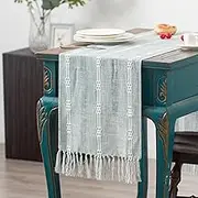 Hpxrom Rustic Braided Linen Table Runner Farmhouse Burlap Boho Embroidered Table Runners Light Grey Table Runner with Hand-Tassels for Dining Wedding Party Holiday and Dresser Decor 14 x 72 Inches