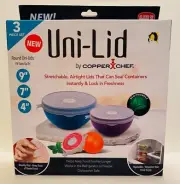 COPPER CHEF UNILID 3 ROUND STRETCHABLE AIRTIGHT LIDS to fit 3 SIZES 4”, 7” & 9”