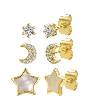 Rachel Glauber 14K Plated 7mm Pearl CZ Galaxy 3pc Studs