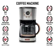 HADEN Drip Coffee Maker 12-Cup Programmable 4-Slice 1500W Stainless Steel/Copper