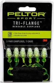 Peltor Sport Tri-Flange Corded Reusable Earplugs, 3 Pair, Noise Reduction Rating