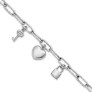 Sterling Silver Rhodium-plated Heart Lock and Key with CZ 7.5 inch Paperclip ...