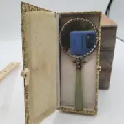 Vintage Asian Hand Held Ornate Vanity Purse Mirror Flowers Jade Handle in Box