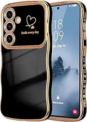 [ELEPIK] for Samsung Galaxy S23 Case for Women Girls, Cute Wave Frame Curly Shape with Love Heart, Raised Camera Protection, Luxury Plating Shockproof for Galaxy S23 Phone Case, Black