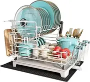 Dish Drainer Rack, 2 Tier Dish Drainer with Drip Tray and Drainer Mat, Stainless Steel Dish Rack with Utensil Holder, 360° Swivel Spout and Cup Holder, Draining Board Rack for Kitchen Counter, White