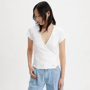 【LEVIS 官方旗艦】女款 修身版深V領綁帶短袖T恤 簡約白 熱賣單品 A5909-0000