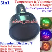 3in1 12V 24V Digital LED Voltmeter Thermometer Car Cigarette Lighter USB Charger