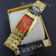 Men Luxury Lab Diamond Gold Finish Red Dial Nugget Square Icy Wrist Metal Watch