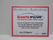 AUTO ART 1/18 CARDBOARD Certificate 1671 for BIANTE TOURING CAR MASTERS 2007