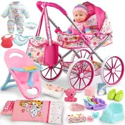 Baby Doll Stroller Toys Set with 12.5" Baby Doll,Dining Chair,Quilt Pillow,24...