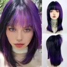 Middle Length Purple Black Ombre Wig with Bangs Colored Cosplay Wig for Women