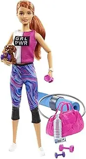 Barbie Fitness Doll, Red-Haired, with Puppy and 9 Accessories, Including Yoga Mat with Strap, Hula Hoop and Weights, Kids 3 to 7 Years Old