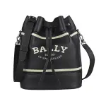 【BALLY】BALLY CLEOH米白字LOGO米白條紋小牛皮束口斜背水桶包(黑)