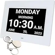 Digital Low Vision Clock for Elderly & Visually Impaired - Large Display with Date, Day, Year, Alarms, Medication Reminders, Multimedia Playback, Easy-to-Read Screen, Bonus Magnifying Key Ring