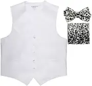 New Men's Formal Vest Tuxedo Waistcoat white Leopard Bowtie Hankie set