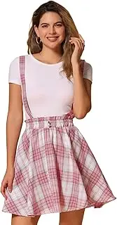 [Allegra K] Women's Tartan Plaid Button Decor Flare Skater Suspender Skirt