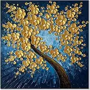 zoinart Hand Paintings 3D Flower Canvas Wall Art 24x24 Inches Abstract Gold Floral Paintings Modern Contemporary Texture Wall Art Tree Blue Artwork for Home Decorations
