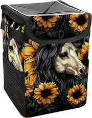Car Trash Can with Lid and Storage Pockets Leak-Proof Organizer,Waterproof Garbage Can,Animal Unicorn Skull Sunflower Illustration