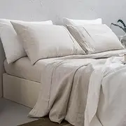 meadow park 100% Washed French Linen Sheet Set-Queen Size-Natural Linen-4 Pieces (1 Flat Sheet, 1 Fitted Sheet & 2 Pillowcases), 16" Deep Pocket, Breathable,Ultra Soft and Durable