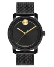 NWT Movado Bold Black Mesh Strap Watch Gold-Tone Accent Black Dial 3600960 $695