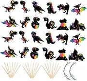 HOMOBABE 2 Sets Dinosaur Scratch Paper with Wooden Stick Ribbon DIY Craft for Imagination Creativity for Family Activities Playtime