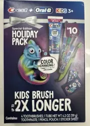Crest Oral B Kids Holiday Pack 4 Toothbrushes Toothpaste Pencil Pouch