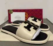 NIB Tory Burch Double T Sport Slide New Cream Perfect Black Gold 9.5 M
