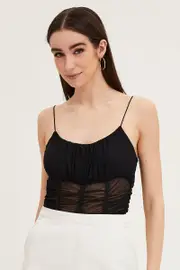 Black Sleeveless Corset Look Waist Detail Mesh Bodysuit - Size L, Women's Singlet