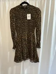 Whistles Classic Leopard Shirred Long Sleeve Mini Dress Animal Print Sz 2