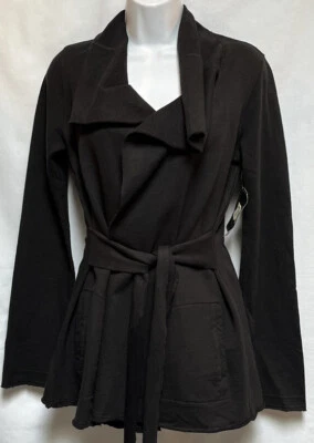 LUCKY BRAND M Retro Jacket Cardigan Wrap Belted Cotton Jersey Black Vintage Y2K