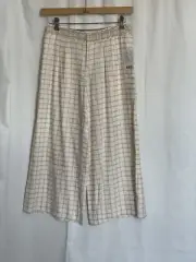 Anthropologie Elevenses Linen Tan Wide Split Leg Pants Size 2 Beige Check