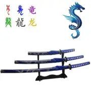 Japanese Katana Samurai Sword Blue Carved Dragon Set of 3 with Wood Stand
