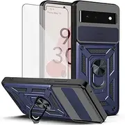 [Asuwish] Phone Case for Google Pixel 6 with Slide Camera Cover and Tempered Glass Screen Protector Hard Stand Ring Holder Hybrid Cell Accessories Pixel6 Pixle Six Mobile Slim Kickstand Women Men Blue