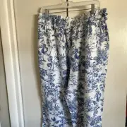 Nicole Miller Linen Blnd Blue WhWide Leg Pants Elastic Pull On Pockets Sz LG New