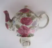 Vintage Porcelain Teapot Shaped Night Light White Burgundy Flower Gold Trim