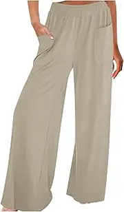 [PTOLOCIF] Womens Wide Leg Pull on Linen Pants Elastic Waist Lightweight Palazzo Pants Summer Boho Lounge Trousers with Pockets