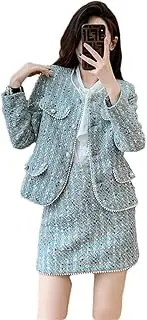 [Generic] Women Short Two Piece Set Slim Beading Tweed Jacket Mini Skirt