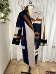 ASOS NWT Fuzzy Mohair Poly Blend Long Coat Colorblock Snap Front Cozy Lined sz 6