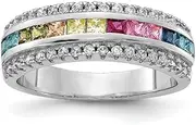 [JewelryWeb] 925 Sterling Silver Rhodium Plated Channel set Colorful and Clear CZ Simulated Diamond Ring Band Style-Ring for Women