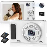 4K Digital Camera,48MP Autofocus Cameras,Vlogging Compact Camera with Front and Rear Camera,16X Zoom Protable Point and Shoot Cameras with 32GB SD Card,Anti-Shake,2 Batteries (White)