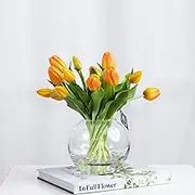 Glamorous Fusion - 29cm Artificial Tulip Arrangement in Fishbowl Vase - Silk Floral Centerpiece, Fake Flower Decoration for Home, Office, Coffee Table, Living Room (Orange)