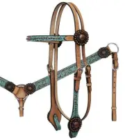 Showman TEAL FILIGREE HORSE BRIDLE BREAST COLLAR Copper Concho Light Oil Leather