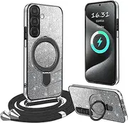Mobile Phone Case for Samsung Galaxy A26 5G Case with Strap, [with Removable Stand] Transparent Silicone Shockproof Mobile Phone Chain Protective Case Ring Stand Case with Chain for A26 5G