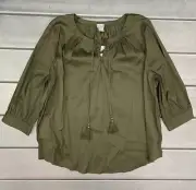 Chicos Poplin Peasant Blouse Top Womens 20/22 Solid Olive Lace Up Tassel