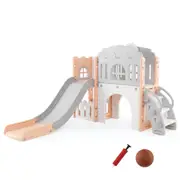 Babyjoy 9-in-1 Toddler Slide L-Shaped Kids Climber Playset w/Basketball Hoop Baby Indoor Playground Pink