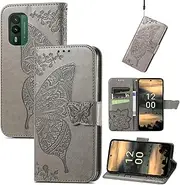 Embossed Butterfly Leather Flip Cover Phone Case Compatible with Nokia XR21 XR 21 Anti-Fall Protective Shell Magnetic Card Slot Wallet Clip Stand Holder (Gray,Nokia XR21)